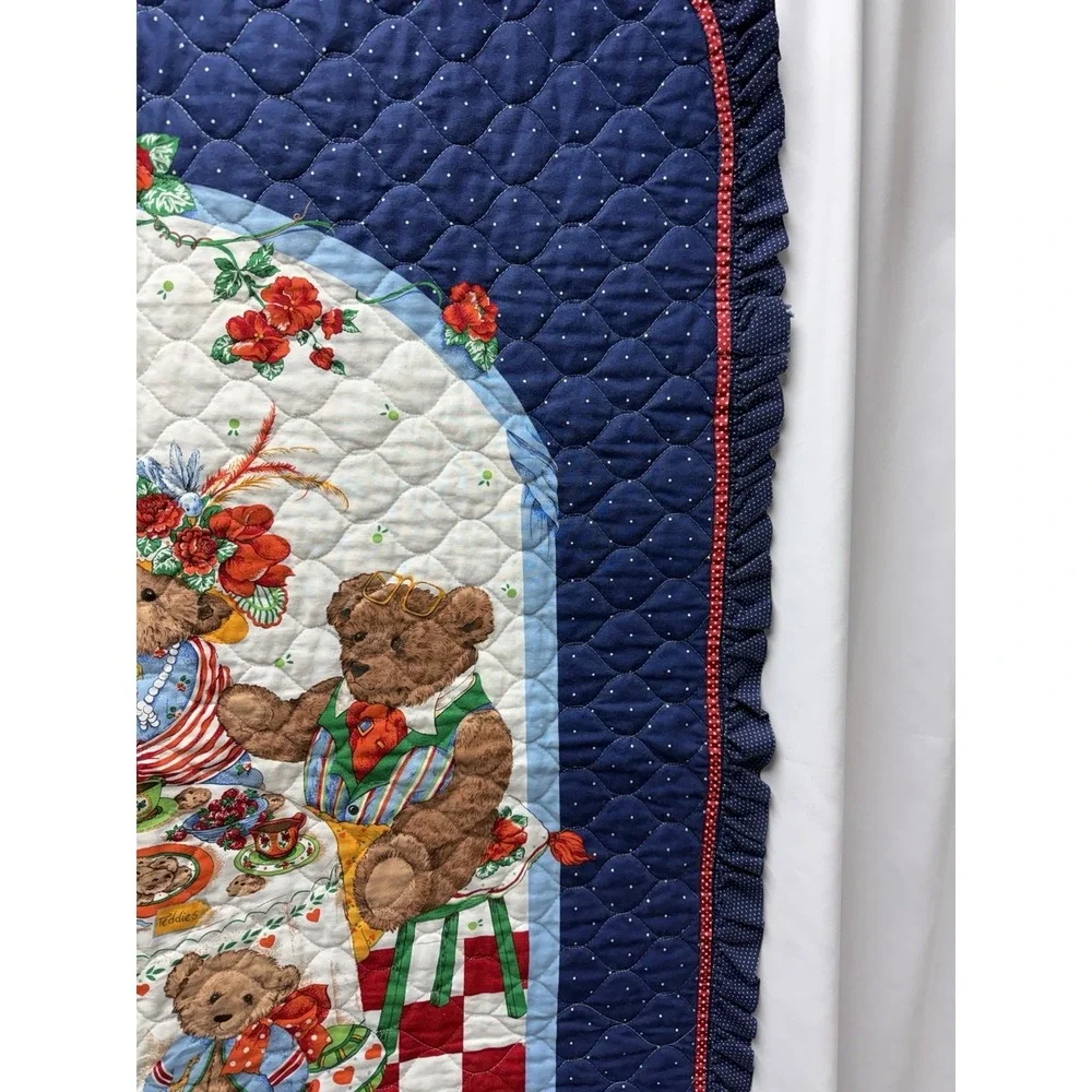 Vintage Teddy Bear Quilt Baby Toddler Cranston Print Tea Party 1990s Excellent